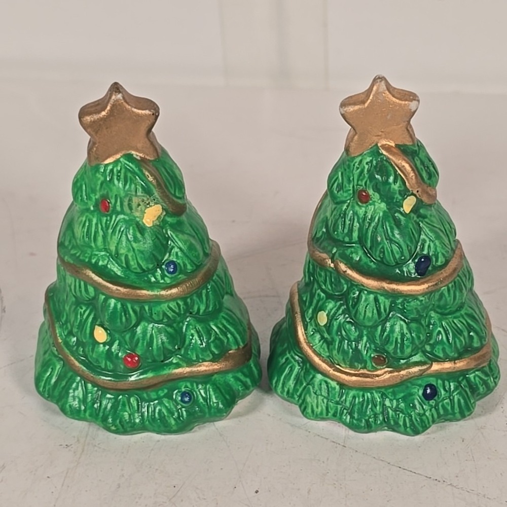 Set Christmas Tree Salt & Pepper Shakers 3" Green Red Gold w/bottom stopper